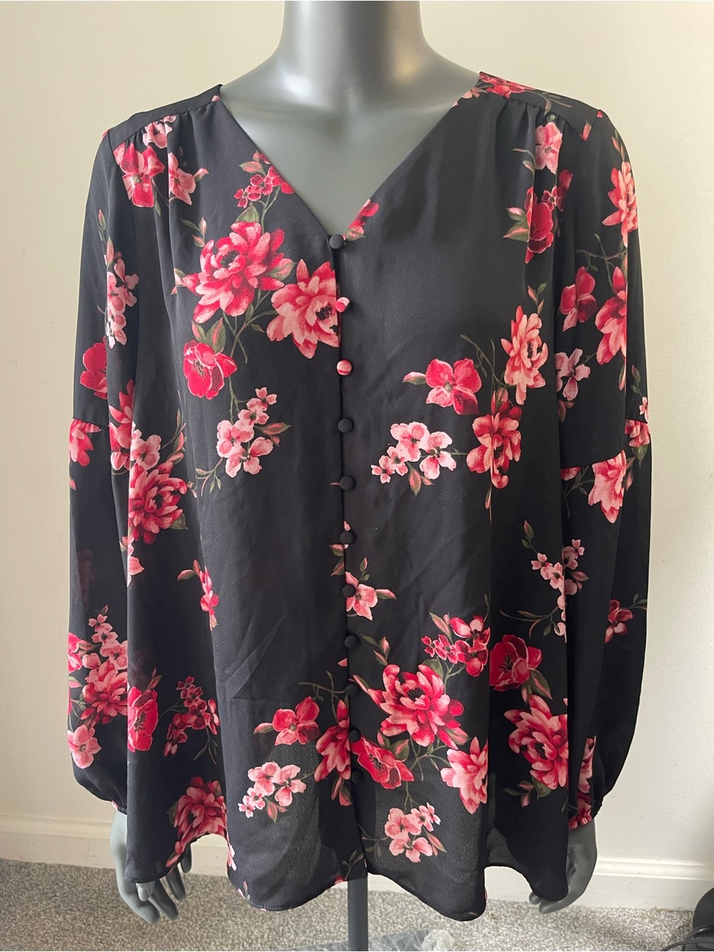 Lane Bryant Black Blouse with Pink Floral Print